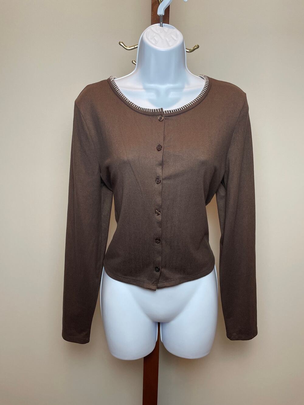 Pink Rose Brown White Stitch Detail Cardigan Size XL Career Casual Basic